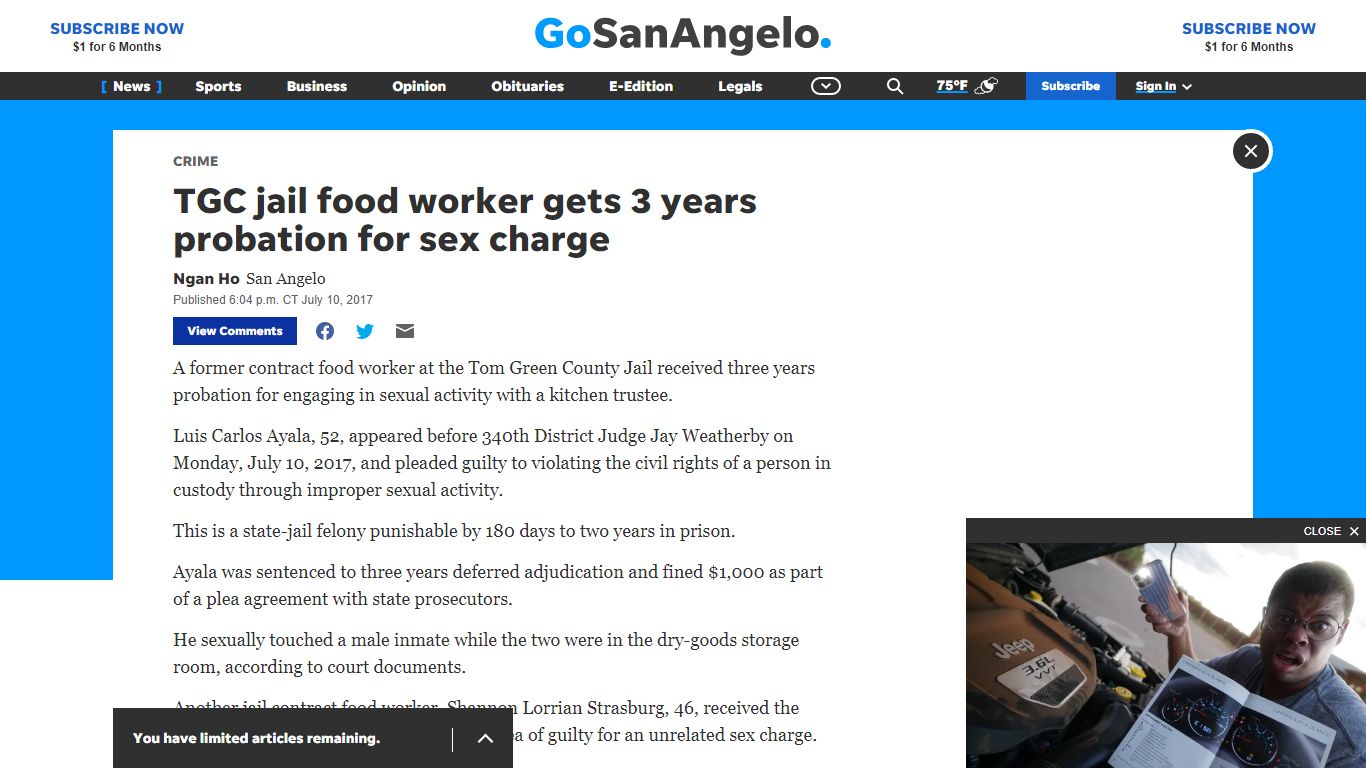 TGC jail food worker gets 3 years probation for sex charge